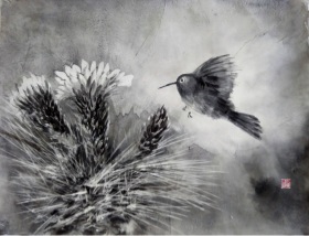 「蜂鳥」　水墨画　F6　松尾好高　